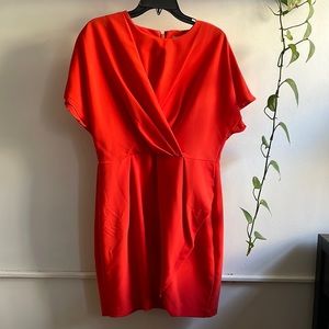 Asos red sheath dress with faux-wrap design and batwing cap sleeves.